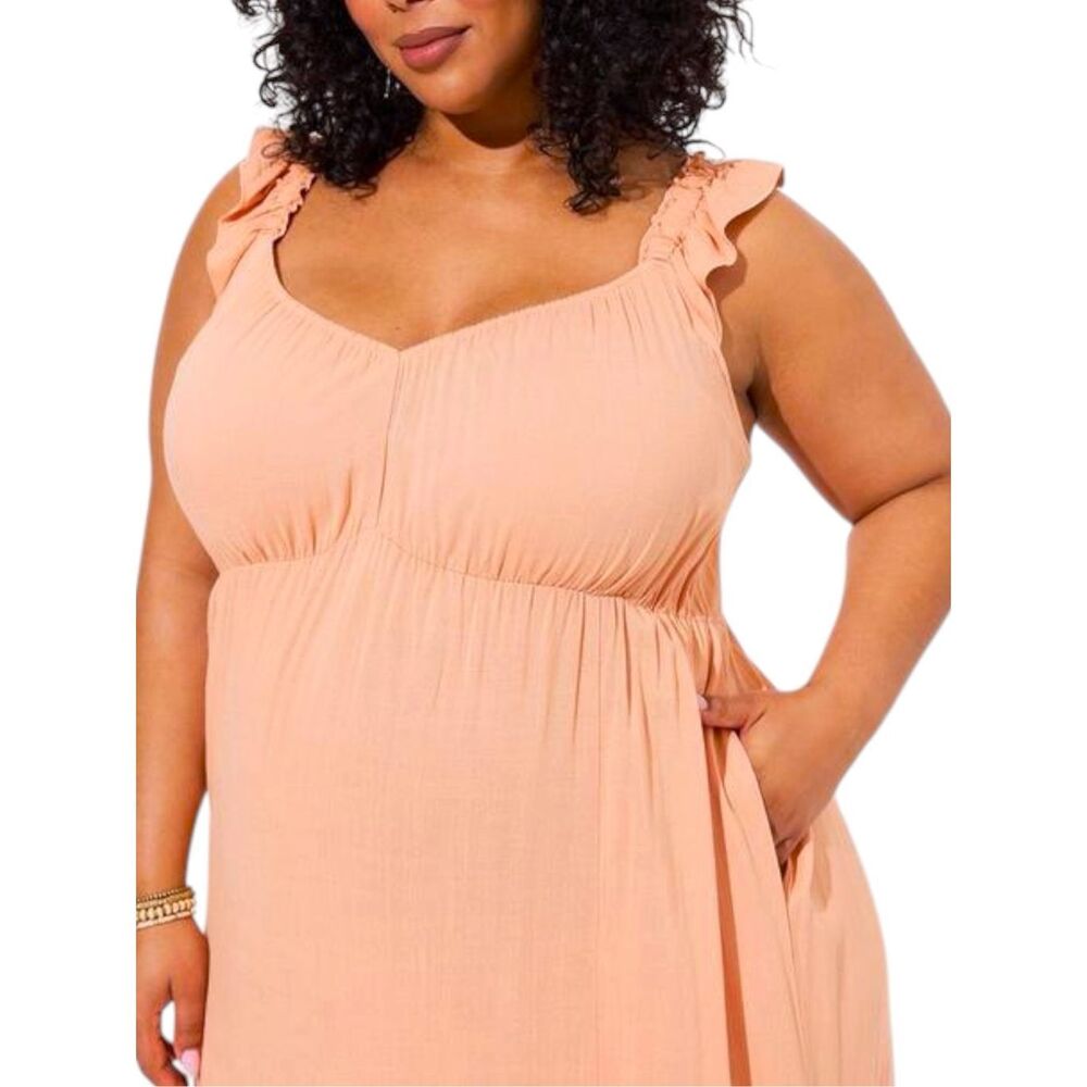 Torrid Peach Maxi Dress Size 1 Ruffle Strap Tiered Empire Waist Pockets NWT - Picture 4 of 15